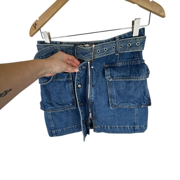 Pixie Market AR Denim Cargo Pocket Mini Skirt Sz S Blue Belted A-Line Y2K - Picture 5 of 12